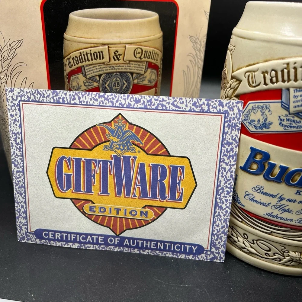 Budweiser Label Stein Beer Mug Cup 1995 Ceramarte Brazil w/ Box & COA